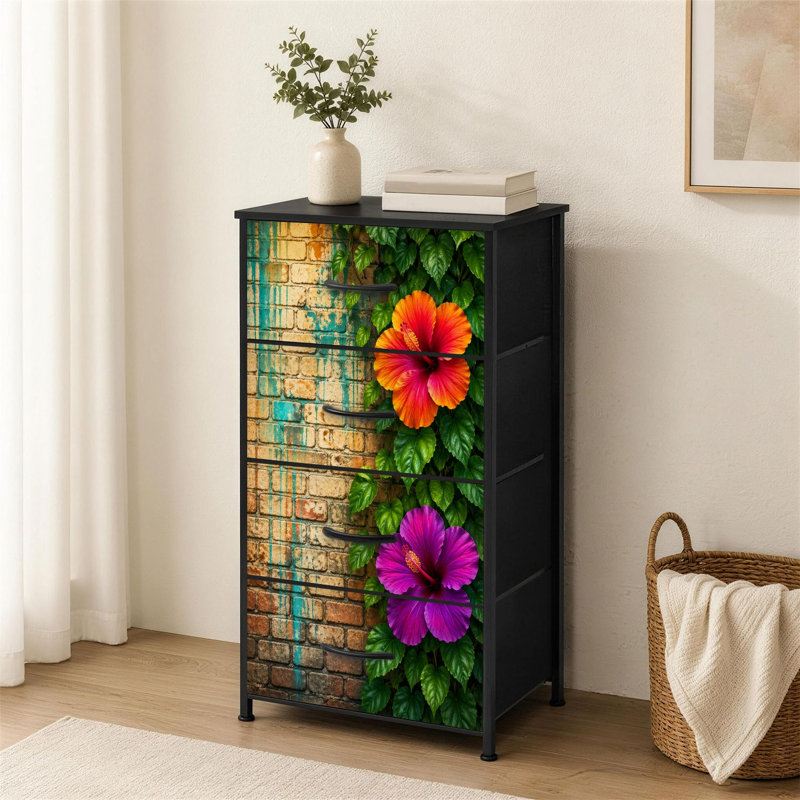 Commode 4 tiroirs pour chambre à coucher Hibiscus éclatant avec feuilles vertes Graffiti mur de briques et petite commode haute pour organisateurs de placard avec commode