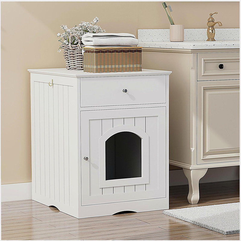 Armoire de rangement en bois pour litière pour chat avec tiroirs, table d'appoint, cage intérieure pour animal de compagnie, armoire de chevet pour chat (blanc)