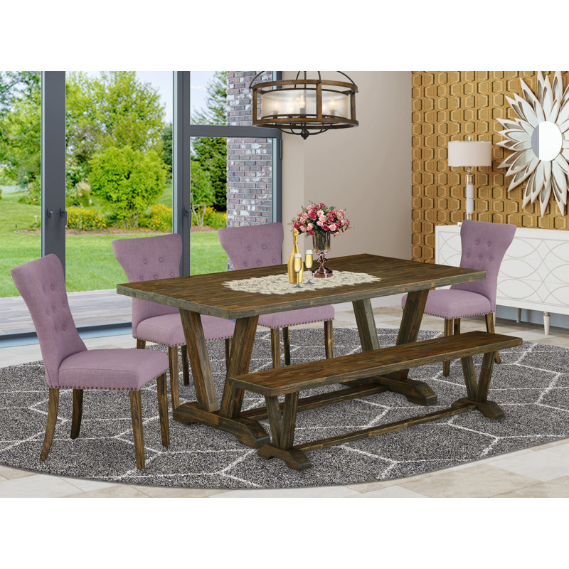 L'ensemble de table de cuisine 6 pièces contient une table de salle à manger rectangulaire avec des pieds en V et 4 chaises parson en tissu Dahlia en lin avec un banc, Jacobean patiné