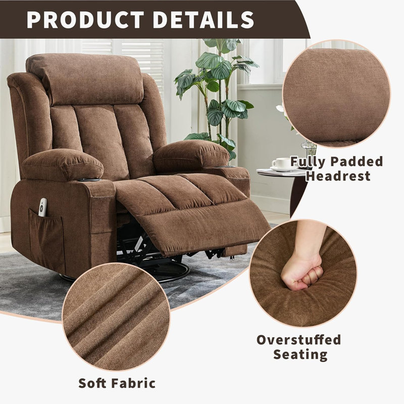Fauteuil inclinable avec chaleur et massage, fauteuils inclinables surdimensionnés avec télécommande, Brun