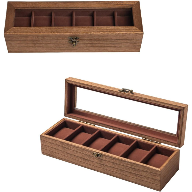 Boîte à montre pour hommes et femmes - grand couvercle en verre, boîte de rangement en bois avec 6 fentes, organisateur rétro Burlywood