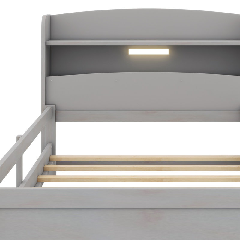 Lit plateforme en bois avec éclairage à DEL intégré, tête de lit avec rangement et garde-corps