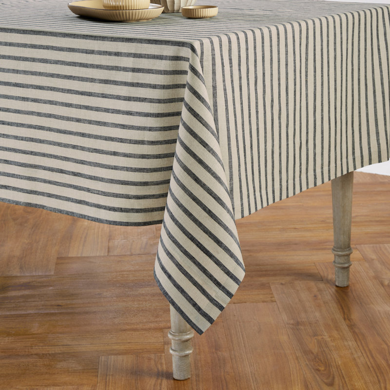 Madison Stripe - 100% Pure Linen Tablecloth, 90" x 60", Black and Natural