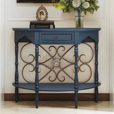Vintage Curved Console Table, 40" Half-Moon Entryway Table Rustic Wood & Metal Accent Table (Minimal Assembly Needed)