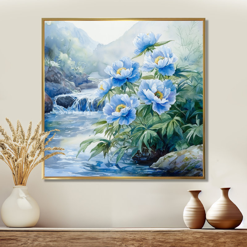 Giocondo montagne pivoines au bord de la rivière III - pivoines, art mural, H 36 po x l 36 po, Impression encadrée flottante