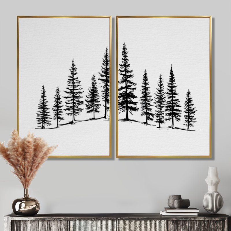 «Pine Tree Forest In Winter Wonderland», reproduction d'art sur toile, ensemble de 2 décorations murales nature noire, Doré
