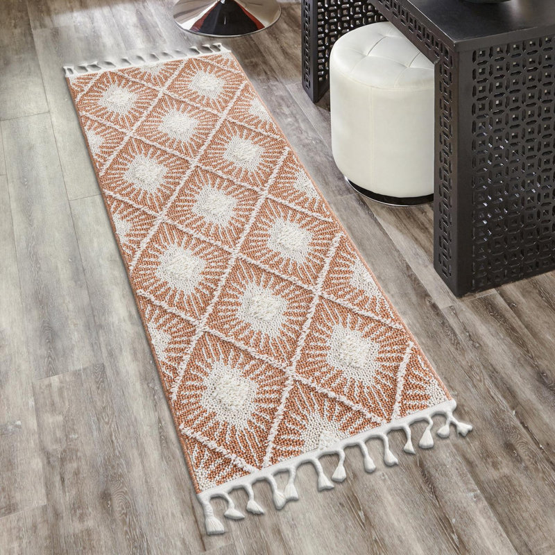 Jessilyn Geometric Machine Woven Polyester Area Rug in Rust/Red, Runner 2'7" x 10'