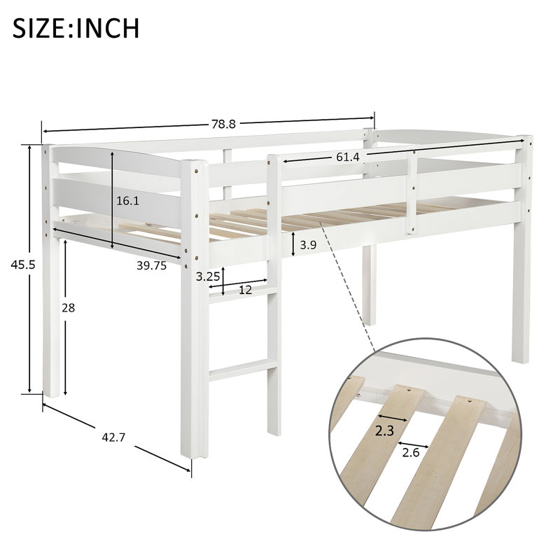 Lit mezzanine bas en bois avec échelle, Blanc