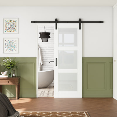 Pre-assembled Panel, 3-lite Frosted Glass Sliding Barn Door White Finish Solid Manufactured Wood Closet Door with Installation Hardware Kit