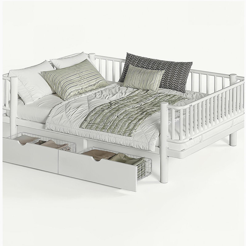 Lit plateforme double avec tiroirs de rangement, structure de lit de jour en métal avec conception de tuyau rond de sécurité améliorée, conception à profil bas, blanc