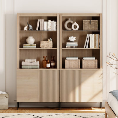 71.6"H X 63"W Set Of 2 Bookcase With Storage Cabinets, 10 Tier Bookshelf With Fluted Doors And Adjustable Shelves, Large Modern Display Cabinet For Living Room Bedroom Home Office Kitchen