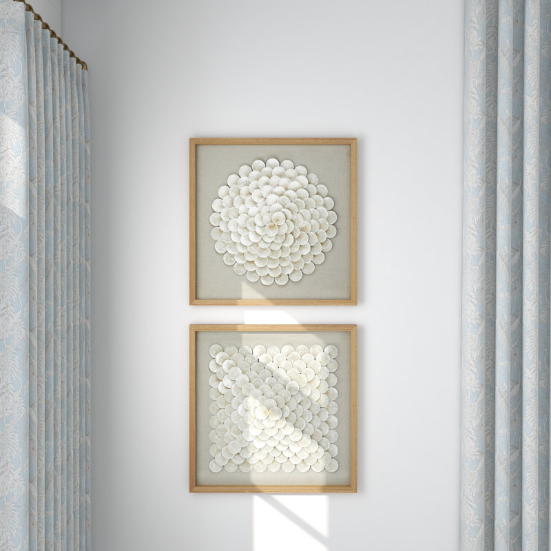 2 Piece Cream Shell Handmade Overlapping Shells Geometric Shadow Box with Canvas Backing Set