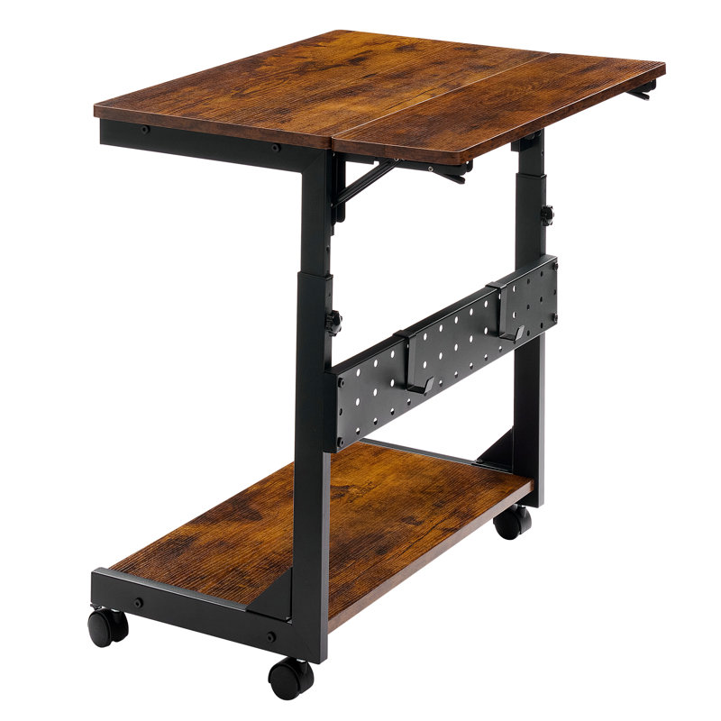 Support pour tour à 2 niveaux, support pour ordinateur réglable en hauteur, chariot d'ordinateur avec panneau pliable, table d'appoint avec roulettes, panneau perforé, crochets et tapis de souris