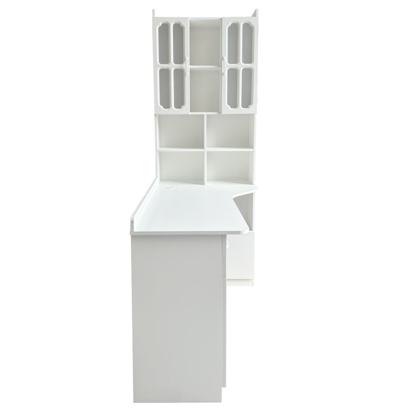 Bureau d'ordinateur d'angle en L pour bureau à domicile ou bureau d'étude, table d'étude de style moderne avec tiroirs, bibliothèque et huche, conception en L 2 en 1, grand espace de travail, blanc