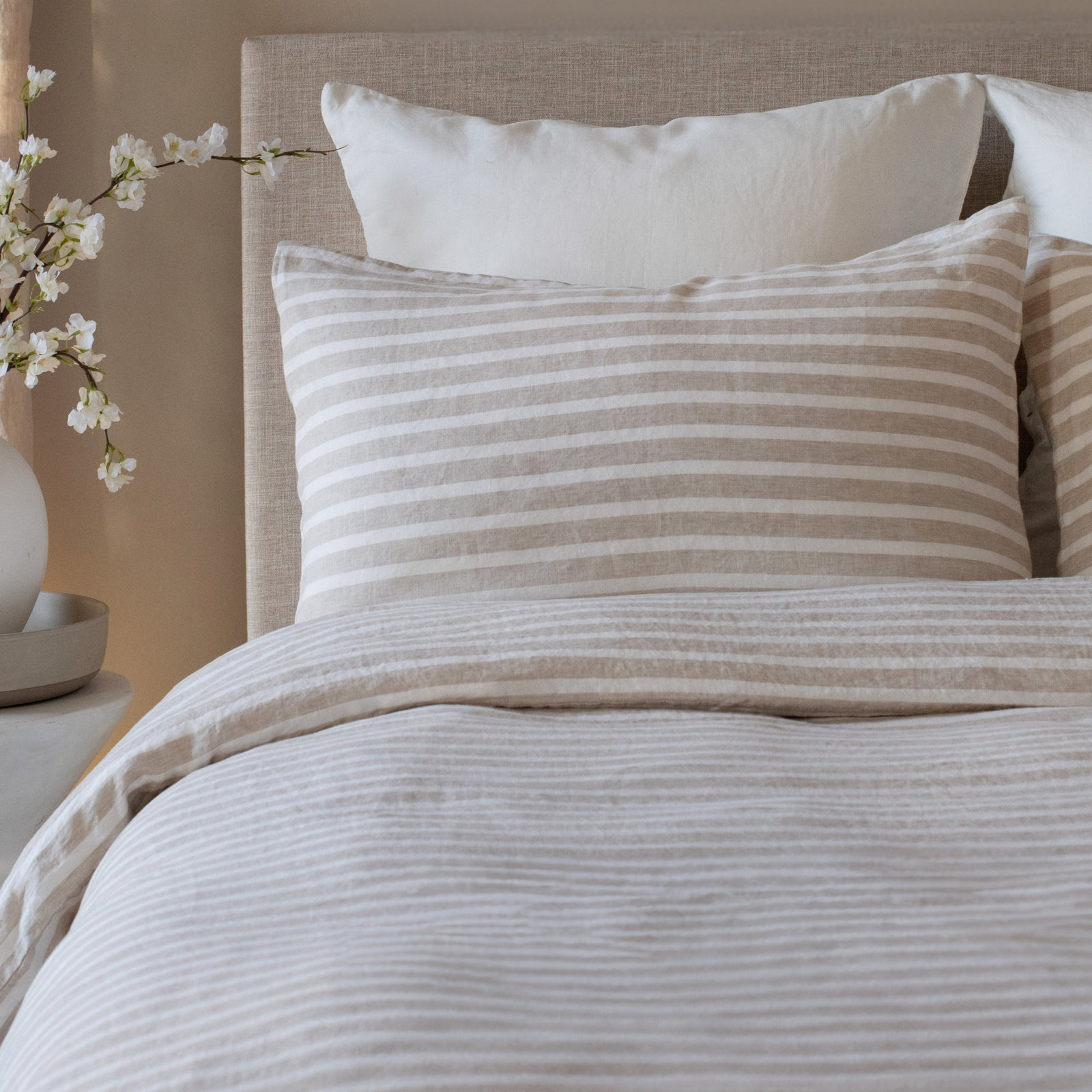 100% French Linen Pillowcase Set, King Pillowcase, Putty/Cream Striped