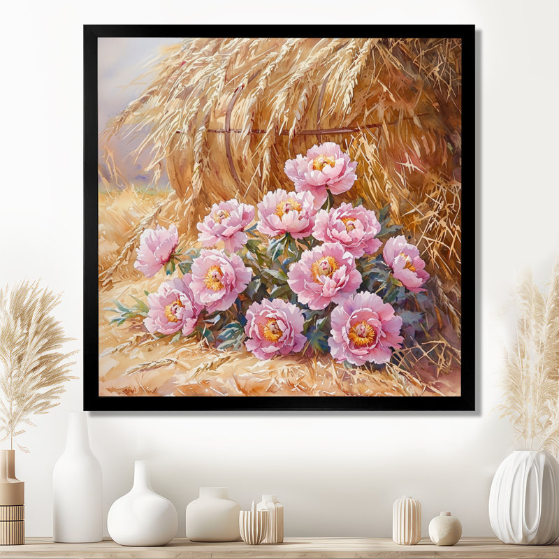 Pivoines près de la meule de foin - pivoines, art mural, Reproduction encadrée d'une seule photo, H 30 po x l 30 po