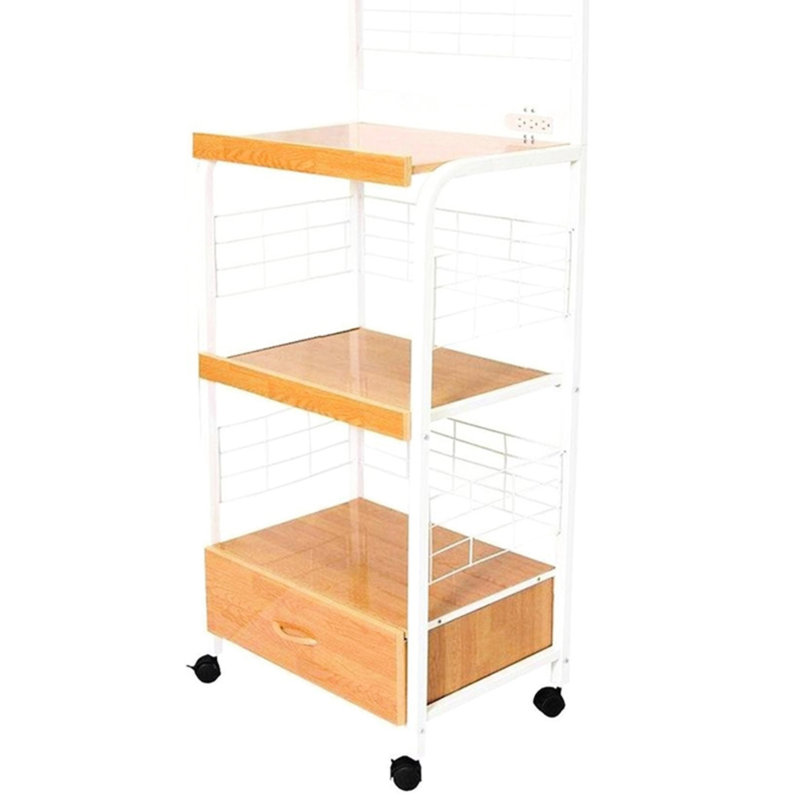 Chariot de cuisine de 59,5 po de hauteur avec 3 couches, tiroir et prise de courant, blanc naturel. Fabriqué en métal. Plates-formes en bois comprimé. Supporte 70 lb par niveau. Facile à assembler, prise à 3 sources d'alimentation, solide