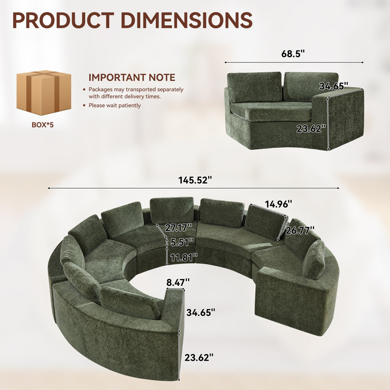 Boneless Curved Sectional Compressed Sofa, 4 to 12 Seater with 8.47" Wide Arms, No Assembly Required, 10, Green