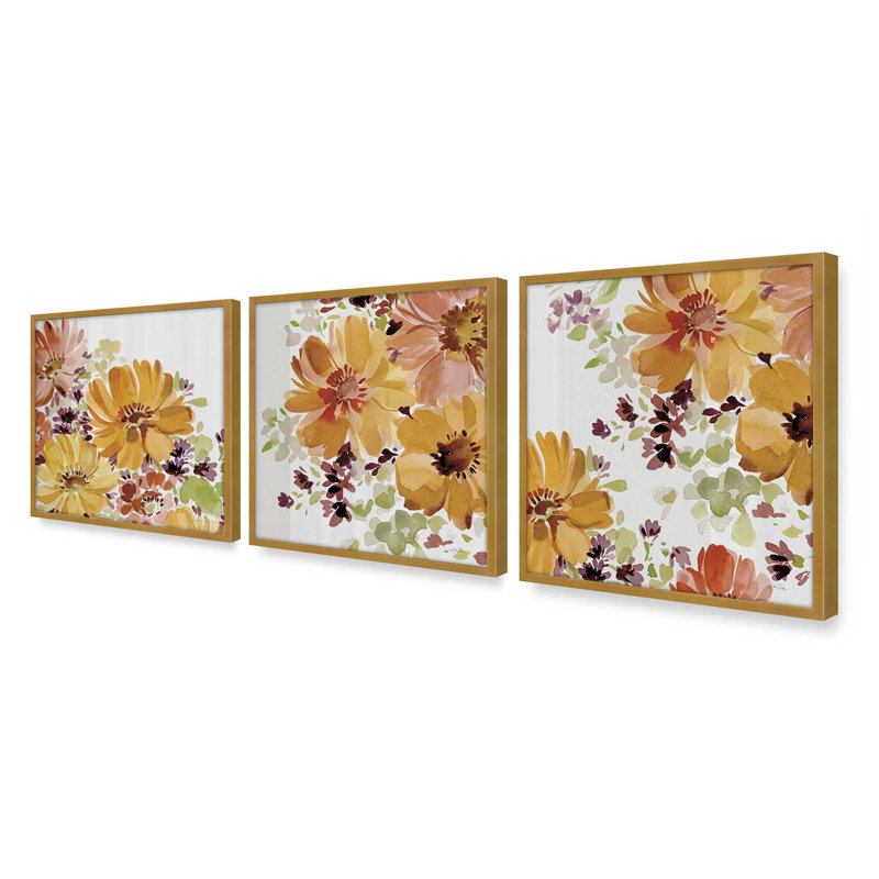 Ensemble de 3 estampes Autumn Garden Whispers, 16 po x 16 po, Or poli