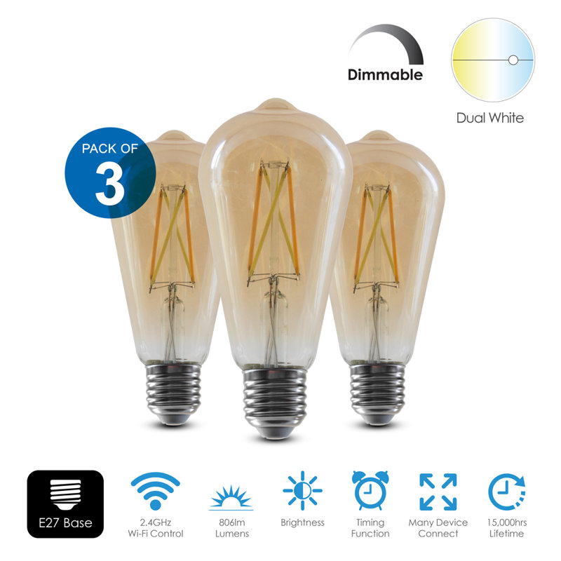 Smart Wi-Fi Vintage ST64 Squirrel Cage LED Bulb Amber Glass Dimmable & CCT Changing, 8.5W (Pack of 3 units)