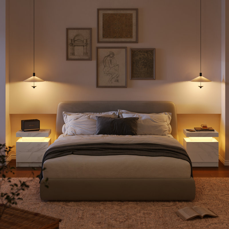 LED Nightstand with 2 Drawers - Small Space Solutions, Grey/White