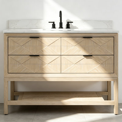 Meuble-lavabo autoportant 48 po en bois massif avec plateau en marbre d'ingénierie