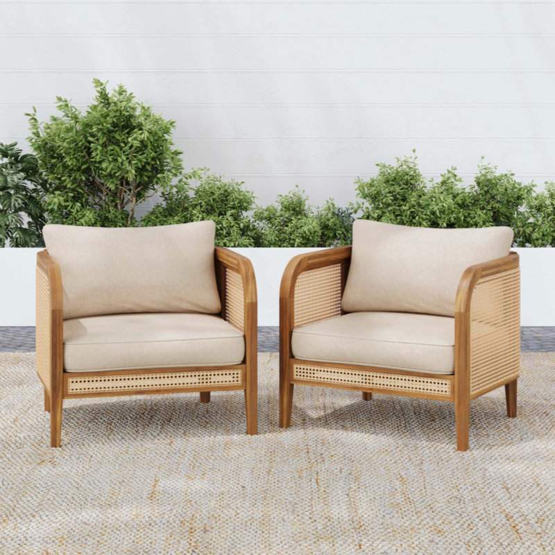 Ensemble de 2 fauteuils bohémiens d'extérieur en rotin, fauteuil club en bois d'acacia massif résistant aux intempéries avec revêtement moelleux pour terrasse de jardin