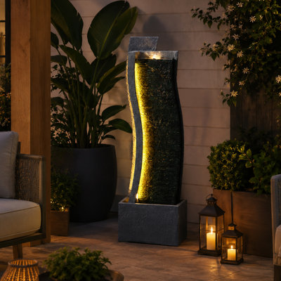 42.5" Tall Slate Waterfall Fountain with LED Lights,  Resin Modern Floor-Standing Water Feature for Garden Patio Living Room Decor