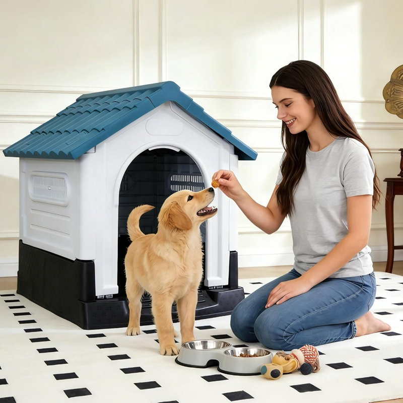 Niche pour chien d'extérieur avec bouches d'aération et plancher surélevé pour chiot, H 38,4 po x l 31,3 po x P 39,4 po, Bleu