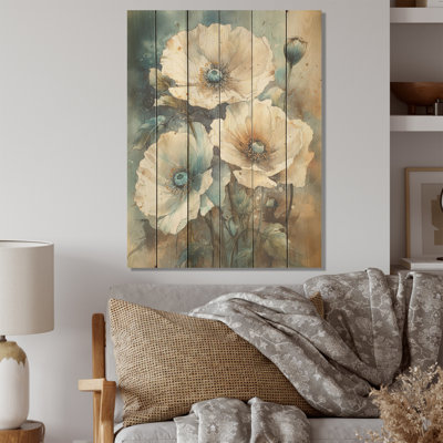 Fleurs de pavot bleu pâle et blanc - coquelicots, art sur bois de pin naturel