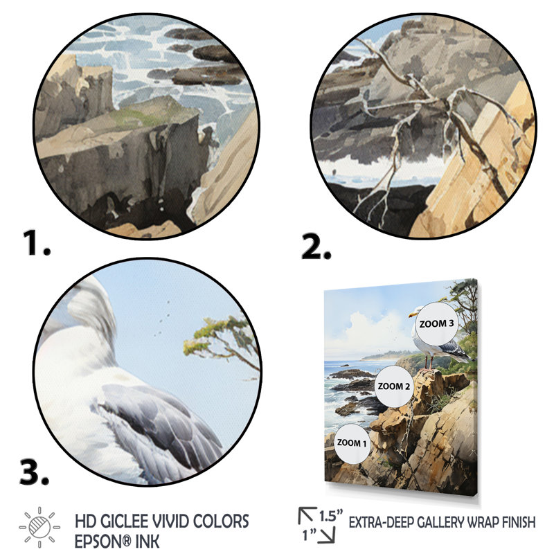 Timothea Seagull Coastal Guardian sur rocher sur toile, H 44 po x l 34 po x P 1,5 po, Cadre photo noir