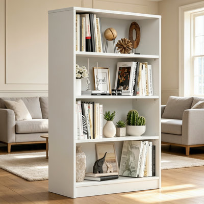 White 48 Inch Tall 4-Tier Modern Wood Bookshelf, Adjustable Open Storage Shelving Unit with Scratch Resistant Melamine Surface, Versatile Wide Bookcas