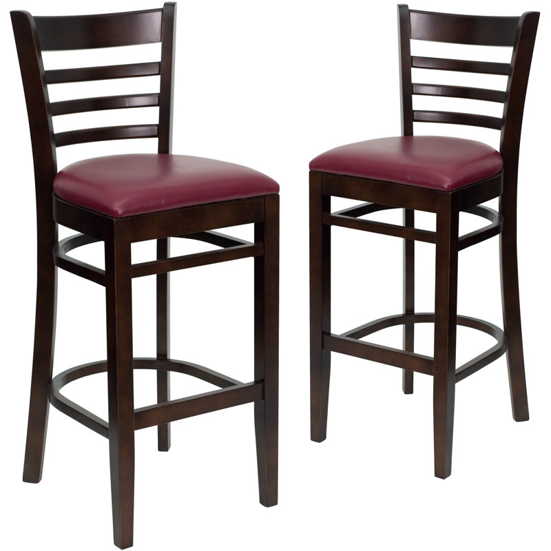 Prompton Vertical Slat Back Wooden Restaurant Barstool, Burgundy, Walnut