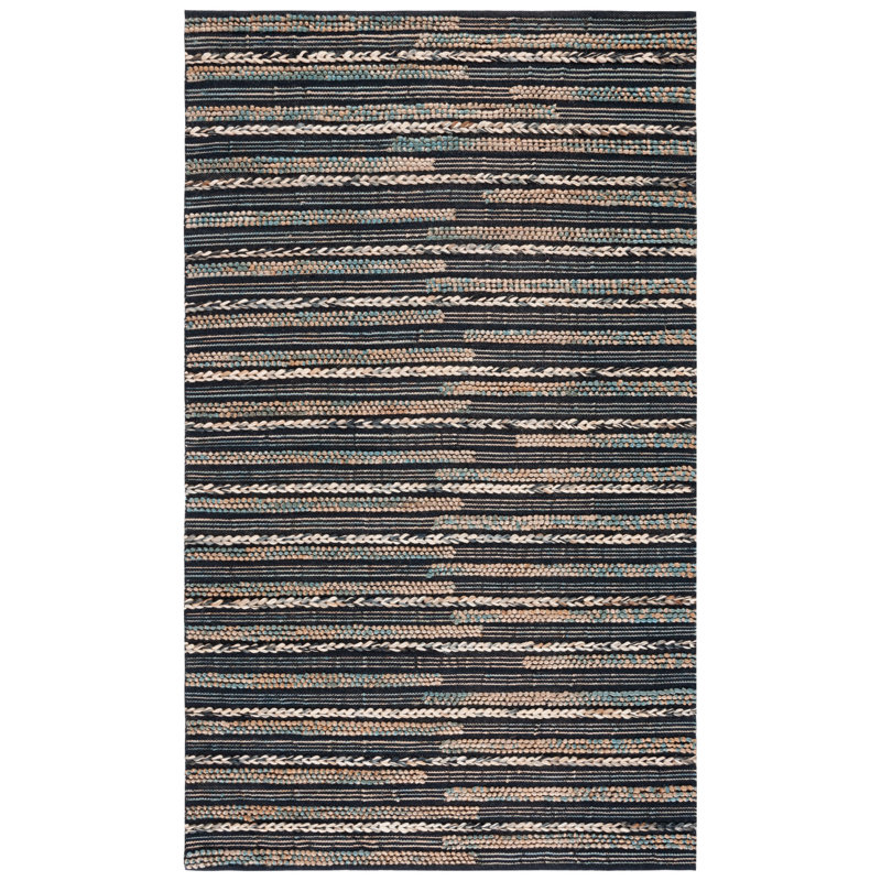 Avonte Natural Fiber Flat Weave Jute/Cotton Striped Rug in Black/Natural, Square 6'