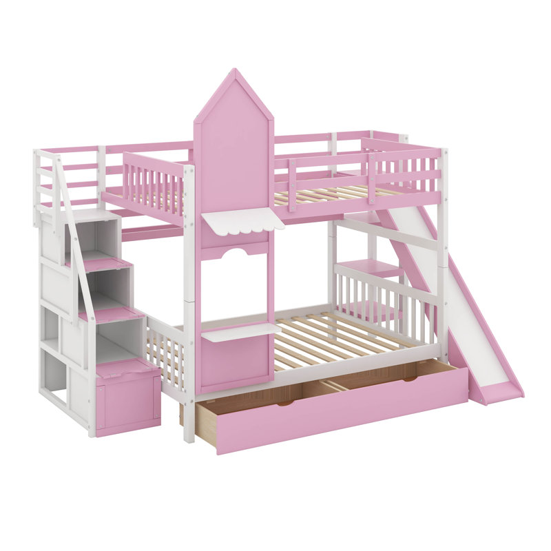 Lit superposé de style château double avec tiroirs, tablettes et glissoire, Lit superposé double sur double, Rose
