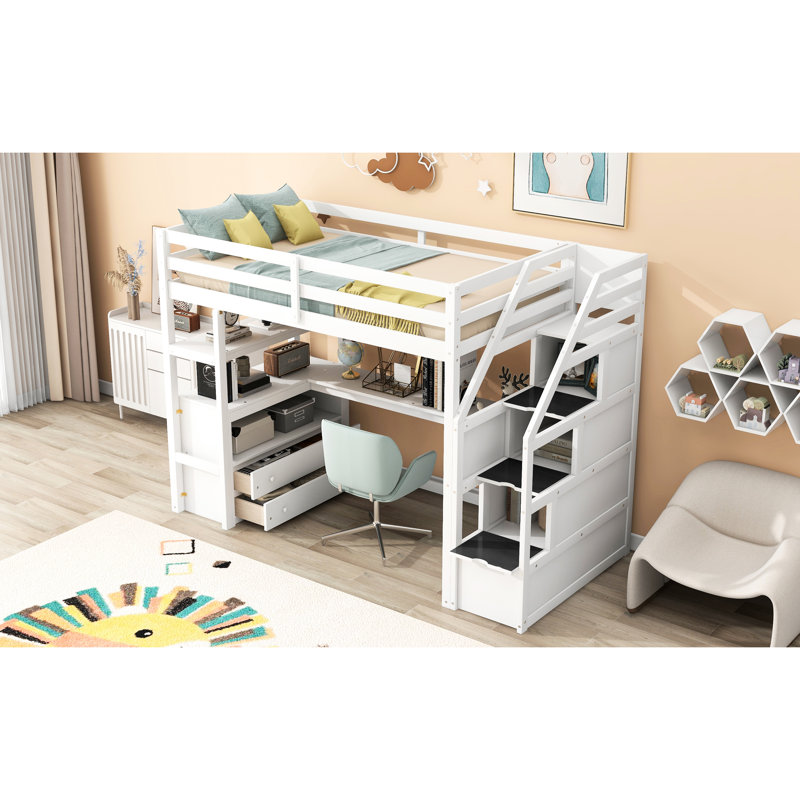Lit mezzanine simple blanc avec bureau, tablettes, taille d'escalade sécuritaire et escalier de rangement, Lit simple, Blanc