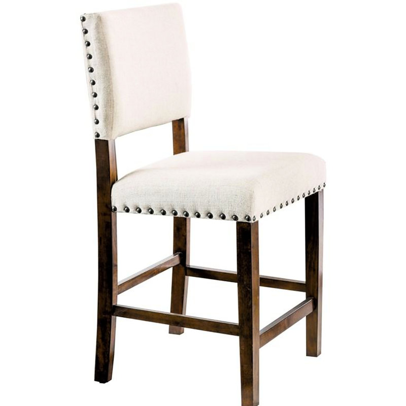 Chaises de salle à manger à hauteur de comptoir 2 pièces, chic industriel, bois de cerisier brun, revêtement en tissu avec coussin en lin rembourré et garniture cloutée distinctive