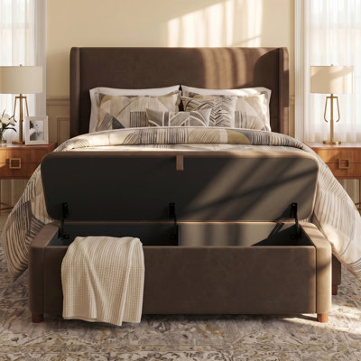 Ensemble de lit plateforme tapissier 2 pièces grand lit et banc de rangement assorti, ensemble de lit avec repose-pieds de rangement, aucun sommier nécessaire, brun foncé