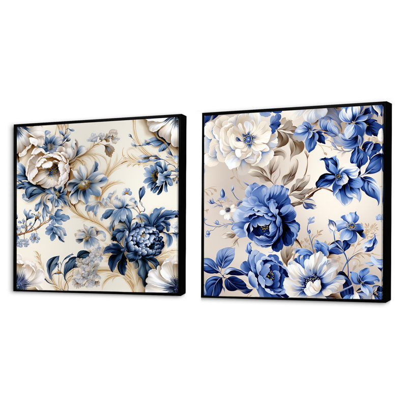 Odalis - Ensemble de 2 collages carrés floraux, Cadre flottant noir, H 36 po x l 73 po