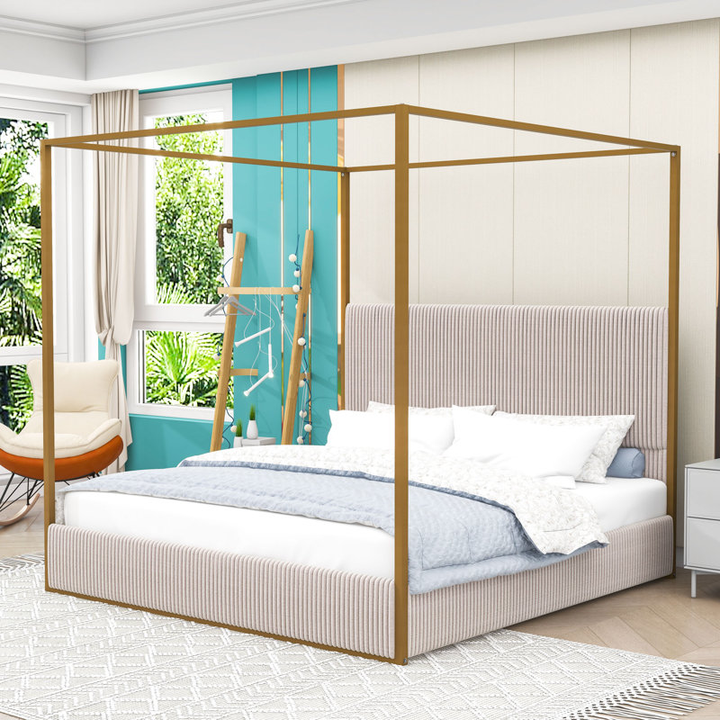 Lit à baldaquin en métal avec tête de lit et quatre colonnes, Beige, Très grand