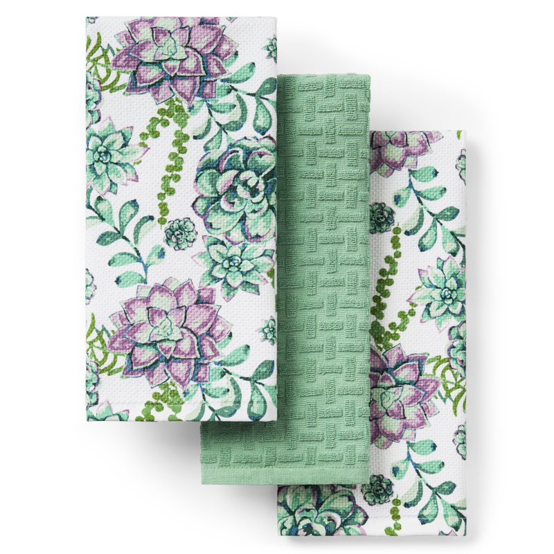 TOWN & COUNTRY LIVING Succulents Kitchen Towel 3-Pack Set, Green/Purple/White, 16"x28"