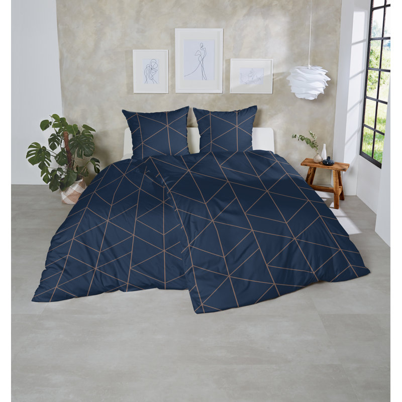 Rietdorf Cotton Geometric Shapes Duvet Cover Set with Pillow Shams, Dark Blue, Single Duvet Cover + 1 Standard Pillowcase