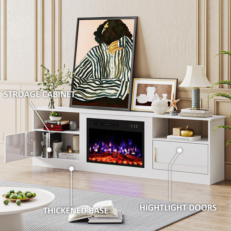 70" TV Stand with 23" Electric Fireplace, White