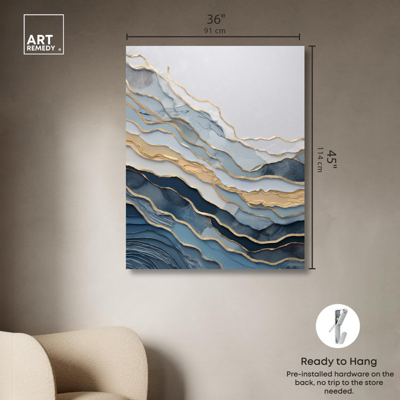 Art abstrait bleu sur toile dorée par Art Remedy, Toile tendue, H 45 po x l 36 po