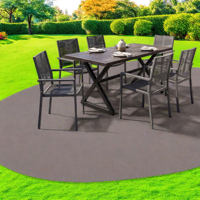 Spacieux ensembles de salle à manger de patio 7 pièces, corde en aluminium aspect bois moderne pour l'extérieur