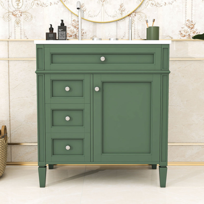 Sriyaan Bathroom Vanity with Ceramic Top, Bathroom Storage Cabinet with 2 Drawers and Tip-out Drawer, Green, Silver