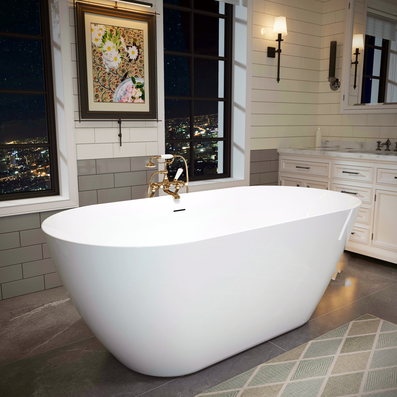Baignoire autoportante en acrylique de 55 pouces, baignoire à immersion profonde ovale avec drain central et trou de trop-plein intégré, blanc éclatant