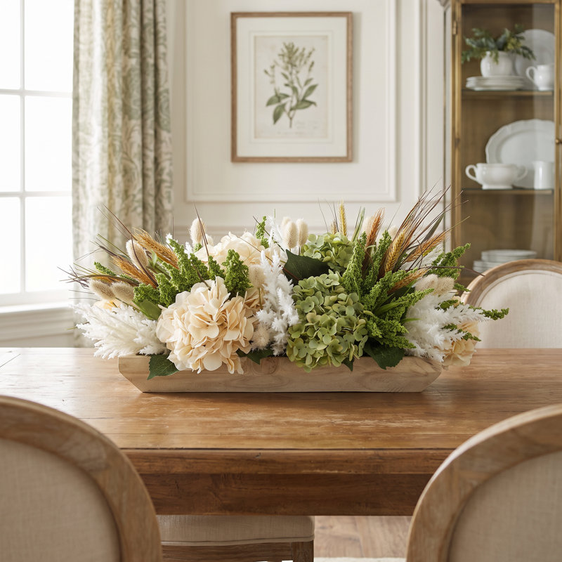 Assorted Hydrangea, Heather, Pampas And Wheat In A Oblong Wooden Container, Brown