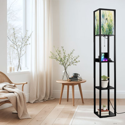 Dimmable LED Standing Floor Lamp Dragonfly Tall Grass Watercolor Soft Yellow Green Tones, MDF Frame Floor Lamp with Remote Control, 3 Color Light, for Living Room Bedroom