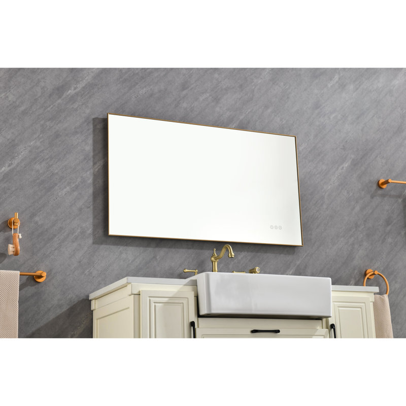 Miroir de salle de bain 42 po x 24 po en aluminium doré avec dossier, brouillard, fonction de mémoire, éclairage multiple pour le rasage et miroir à DEL de couleur principale décorative, fixation murale, éclairage, design contemporain
